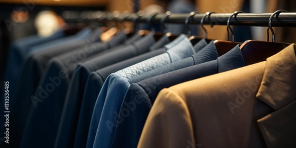 Fototapeta A stylish business suit is on display in a suit store. Hangers line up with strict high pricey suits and accessories.