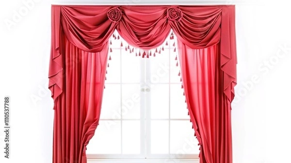 Fototapeta A Captivating Scene of Window Red Curtain Against a White Background, Emphasizing Interior Design and Color Contrast.