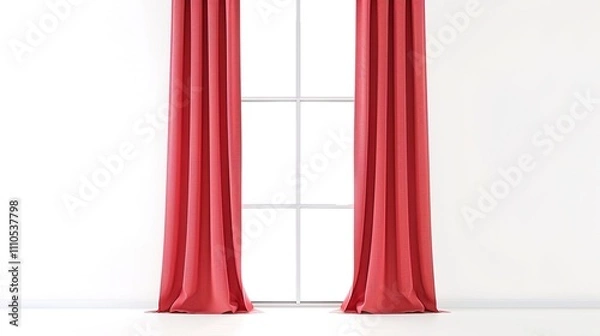 Fototapeta A Captivating Scene of Window Red Curtain Against a White Background, Emphasizing Interior Design and Color Contrast.