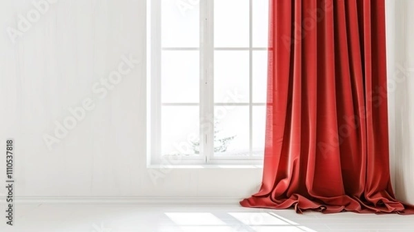 Fototapeta A Captivating Scene of Window Red Curtain Against a White Background, Emphasizing Interior Design and Color Contrast.