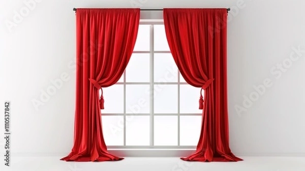 Fototapeta A Captivating Scene of Window Red Curtain Against a White Background, Emphasizing Interior Design and Color Contrast.
