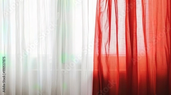 Fototapeta A Captivating Scene of Window Red Curtain Against a White Background, Emphasizing Interior Design and Color Contrast.