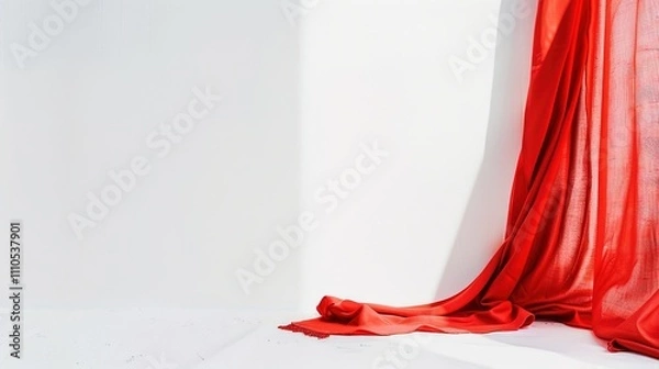 Fototapeta A Captivating Scene of Window Red Curtain Against a White Background, Emphasizing Interior Design and Color Contrast.