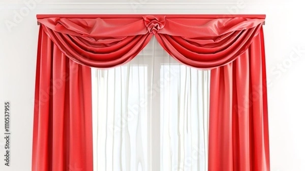 Fototapeta A Captivating Scene of Window Red Curtain Against a White Background, Emphasizing Interior Design and Color Contrast.