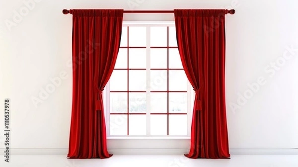 Fototapeta A Captivating Scene of Window Red Curtain Against a White Background, Emphasizing Interior Design and Color Contrast.
