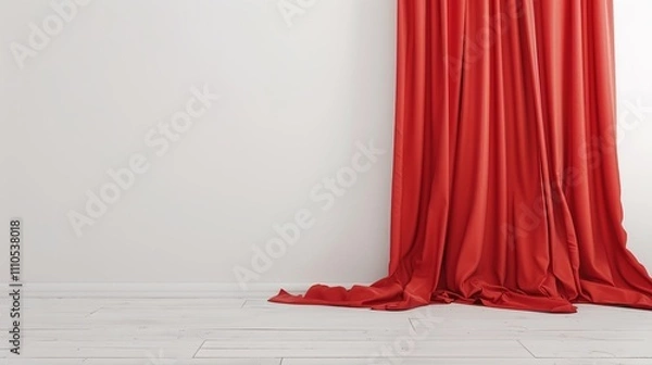Fototapeta A Captivating Scene of Window Red Curtain Against a White Background, Emphasizing Interior Design and Color Contrast.