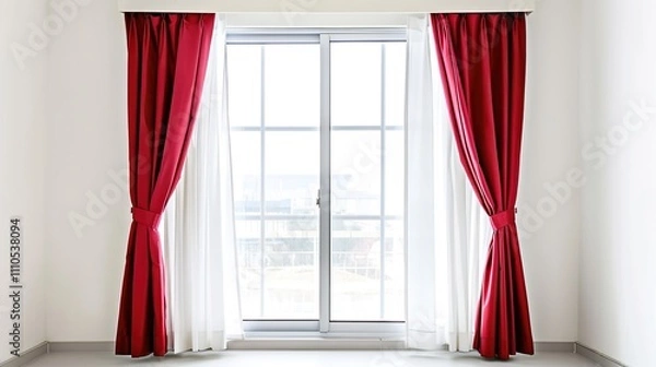Fototapeta A Captivating Scene of Window Red Curtain Against a White Background, Emphasizing Interior Design and Color Contrast.