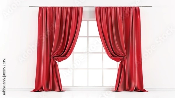 Fototapeta A Captivating Scene of Window Red Curtain Against a White Background, Emphasizing Interior Design and Color Contrast.