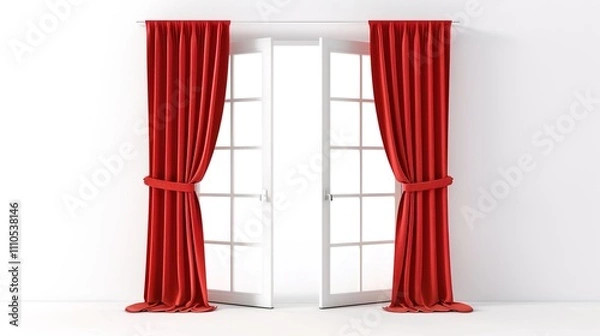 Fototapeta A Captivating Scene of Window Red Curtain Against a White Background, Emphasizing Interior Design and Color Contrast.
