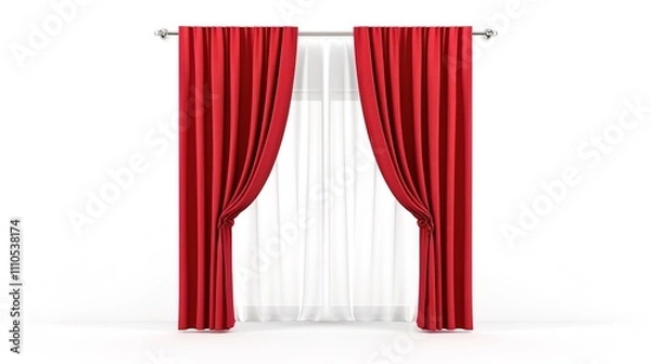 Fototapeta A Captivating Scene of Window Red Curtain Against a White Background, Emphasizing Interior Design and Color Contrast.