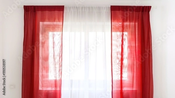 Fototapeta A Captivating Scene of Window Red Curtain Against a White Background, Emphasizing Interior Design and Color Contrast.