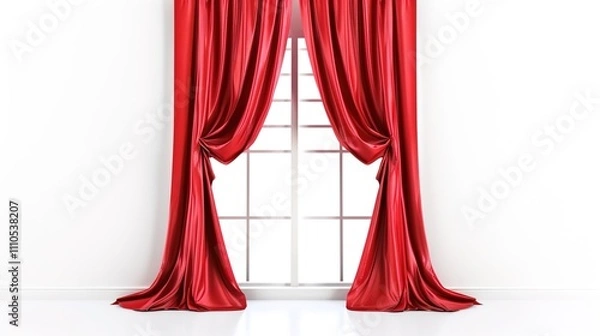 Fototapeta A Captivating Scene of Window Red Curtain Against a White Background, Emphasizing Interior Design and Color Contrast.