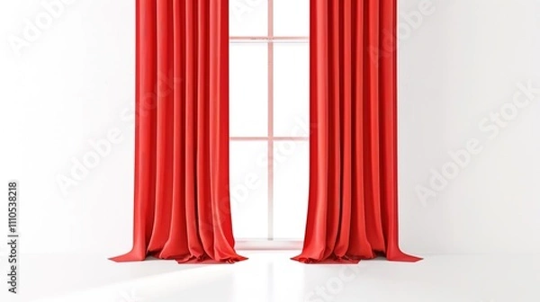 Fototapeta A Captivating Scene of Window Red Curtain Against a White Background, Emphasizing Interior Design and Color Contrast.