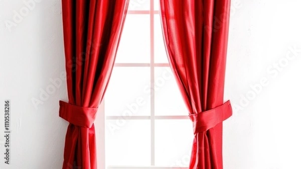 Fototapeta A Captivating Scene of Window Red Curtain Against a White Background, Emphasizing Interior Design and Color Contrast.