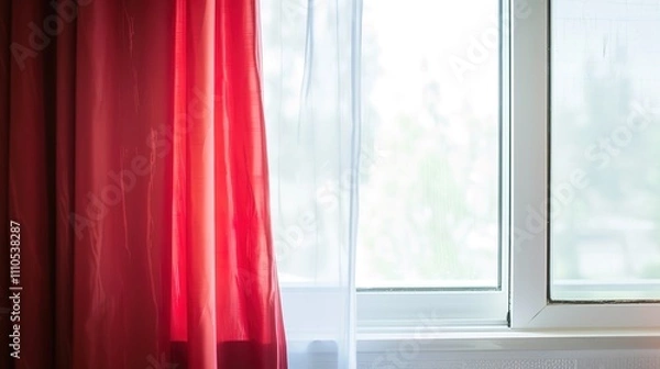 Fototapeta A Captivating Scene of Window Red Curtain Against a White Background, Emphasizing Interior Design and Color Contrast.