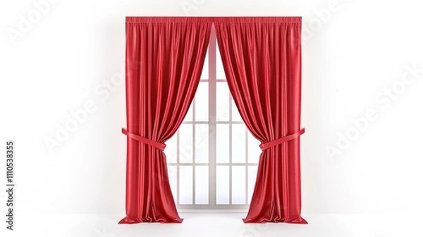 Fototapeta A Captivating Scene of Window Red Curtain Against a White Background, Emphasizing Interior Design and Color Contrast.
