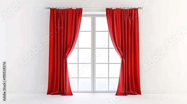 Fototapeta A Captivating Scene of Window Red Curtain Against a White Background, Emphasizing Interior Design and Color Contrast.