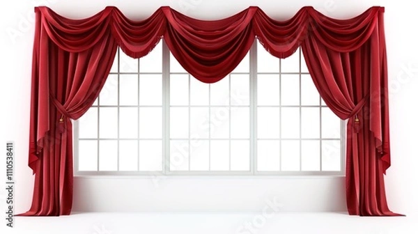 Fototapeta A Captivating Scene of Window Red Curtain Against a White Background, Emphasizing Interior Design and Color Contrast.