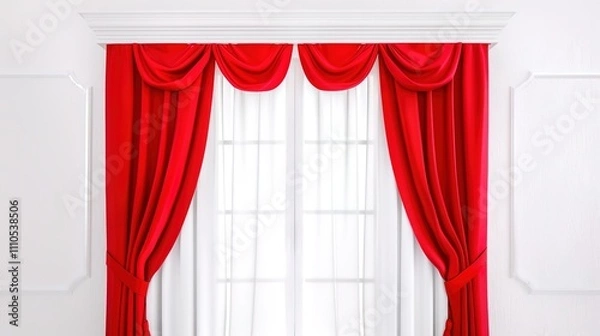 Fototapeta A Captivating Scene of Window Red Curtain Against a White Background, Emphasizing Interior Design and Color Contrast.