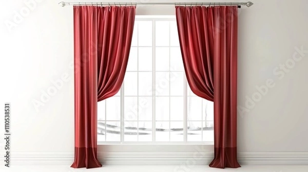 Fototapeta A Captivating Scene of Window Red Curtain Against a White Background, Emphasizing Interior Design and Color Contrast.