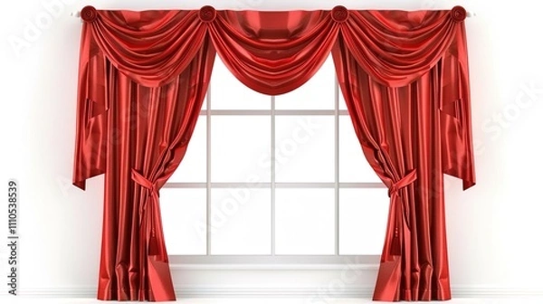 Fototapeta A Captivating Scene of Window Red Curtain Against a White Background, Emphasizing Interior Design and Color Contrast.