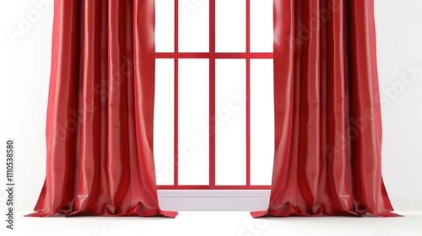 Fototapeta A Captivating Scene of Window Red Curtain Against a White Background, Emphasizing Interior Design and Color Contrast.