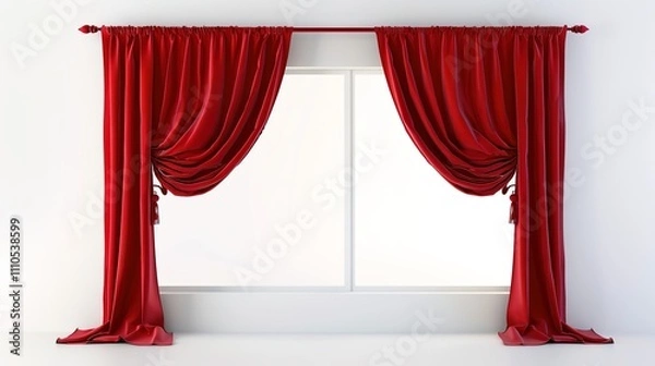 Fototapeta A Captivating Scene of Window Red Curtain Against a White Background, Emphasizing Interior Design and Color Contrast.