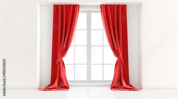 Fototapeta A Captivating Scene of Window Red Curtain Against a White Background, Emphasizing Interior Design and Color Contrast.