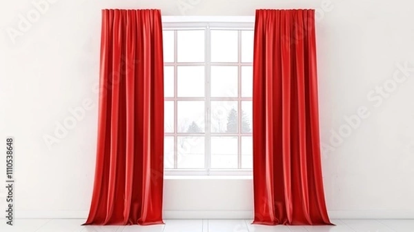 Fototapeta A Captivating Scene of Window Red Curtain Against a White Background, Emphasizing Interior Design and Color Contrast.