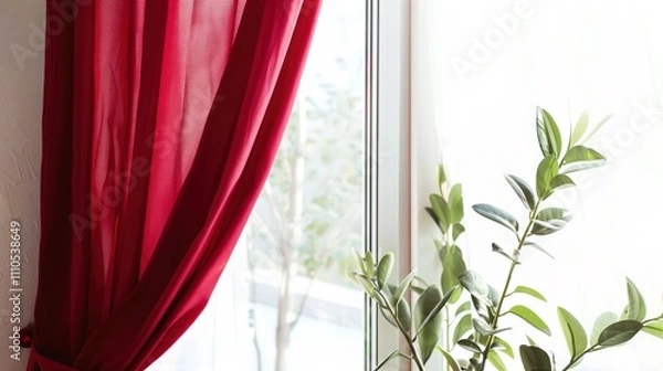 Fototapeta A Captivating Scene of Window Red Curtain Against a White Background, Emphasizing Interior Design and Color Contrast.