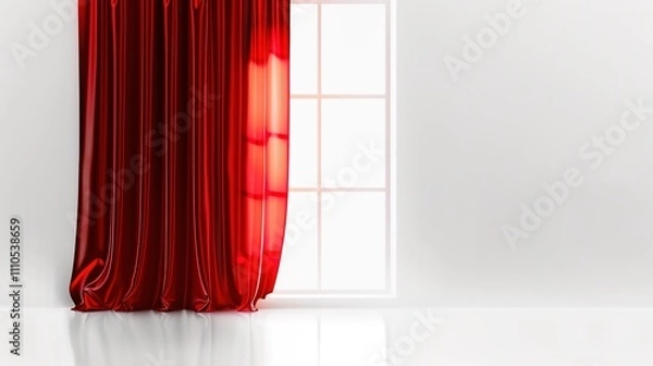 Fototapeta A Captivating Scene of Window Red Curtain Against a White Background, Emphasizing Interior Design and Color Contrast.