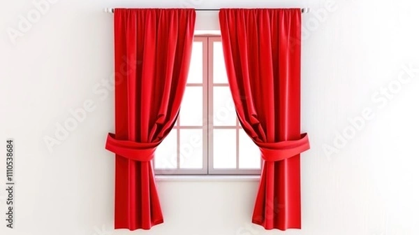 Fototapeta A Captivating Scene of Window Red Curtain Against a White Background, Emphasizing Interior Design and Color Contrast.