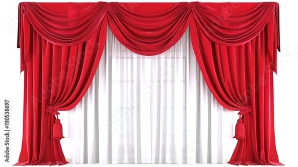 Fototapeta A Captivating Scene of Window Red Curtain Against a White Background, Emphasizing Interior Design and Color Contrast.
