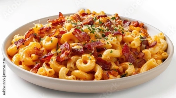 Obraz A beautifully crafted pasta dish, featuring gourmet mac and cheese, loaded with crispy bacon and a blend of creamy cheeses, beautifully presented on a white background
