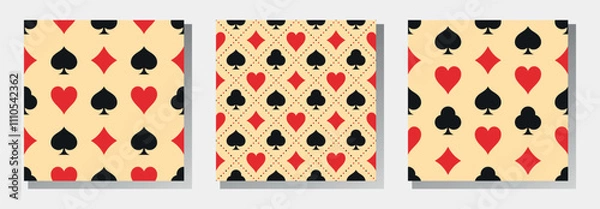 Fototapeta Card suits vector seamless patterns collection. Hearts, crosses, spades and diamonds on beige background. Best for textile, casino decor, wallpapers, wrapping paper, package and web design.