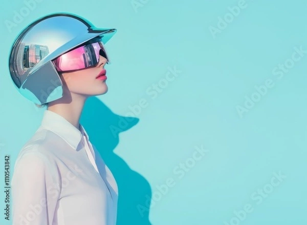 Obraz A woman in an all-white suit and pink lipstick, wearing a futuristic chrome helmet that covers her entire head.