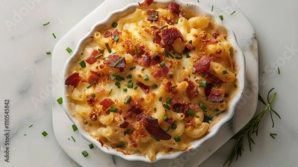 Obraz A comfort food classic, elevated to new heights, showcasing gourmet mac and cheese, loaded with crispy bacon and a blend of artisanal cheeses, artfully arranged on a white top view 