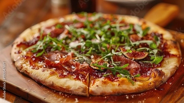 Obraz A culinary masterpiece, featuring an artistic pizza with unique toppings, loaded with fig jam, prosciutto, and arugula, beautifully presented on a wooden paddle 