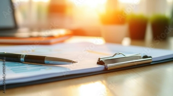 Fototapeta Document Study with Charts and Pen on Desk