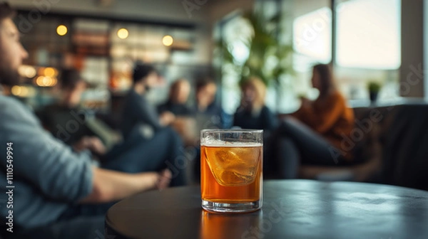Fototapeta A group of friends enjoying drinks and relaxing in a cozy bar with a drink in front of the scene, illuminated by cool and warm, ambient lighting. 