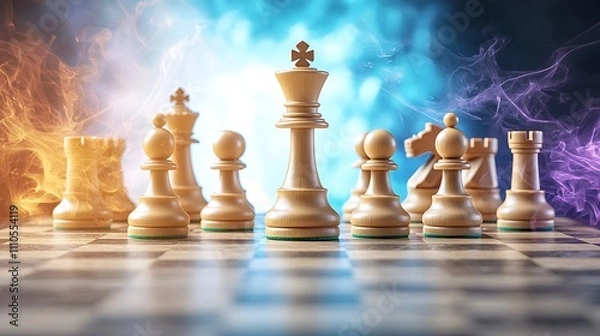 Fototapeta The chess board is illuminated by bright blue and purple neon lights, creating a vibrant and exciting atmosphere for intense strategic gameplay.