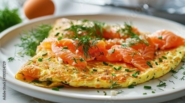 Obraz A fluffy and flavorful morning delight, featuring a beautifully presented breakfast omelette, loaded with smoked salmon, cream cheese, and fresh dill, beautifully presented on a white ceramic plate