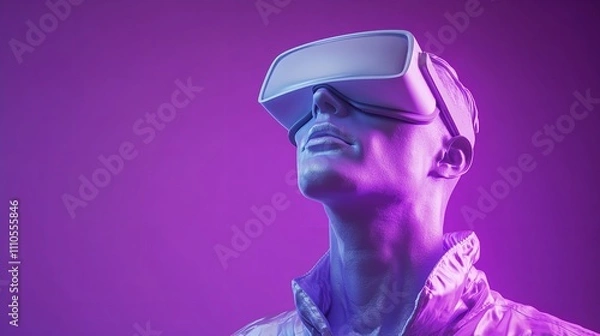 Fototapeta The Geek Statue Wearing Virtual Reality Glasses on a Purple Background

