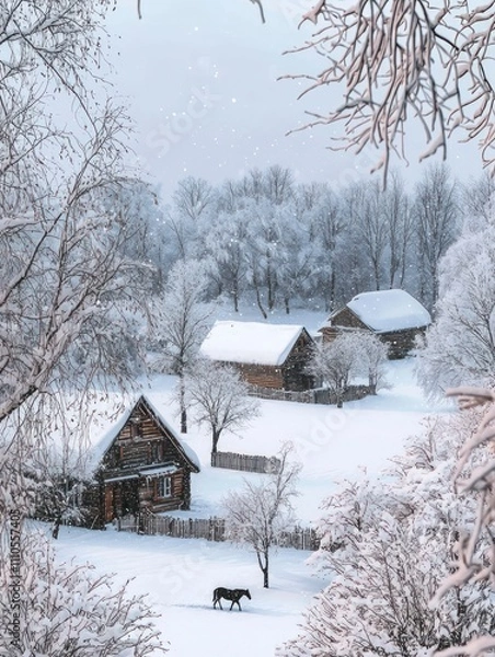 Fototapeta Serene Winter Landscape Featuring Snow-Covered Cabins and a Horse Walking Through a Snowy Countryside Surrounded by Frosted Trees