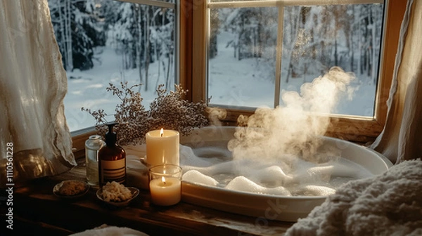 Fototapeta A peaceful bath atmosphere with flickering candles, rustic dried flowers, and comforting tones, as steam mingles with the snowy backdrop