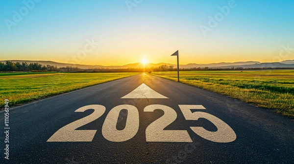 Fototapeta A straight asphalt road with "2025" written on it leads toward a glowing sunrise, a metaphor for new paths and endless possibilities