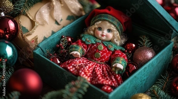 Fototapeta A beautifully wrapped open Christmas gift box, containing a vintage-style doll in a red-and-green Christmas outfit, surrounded by tiny decorative baubles.