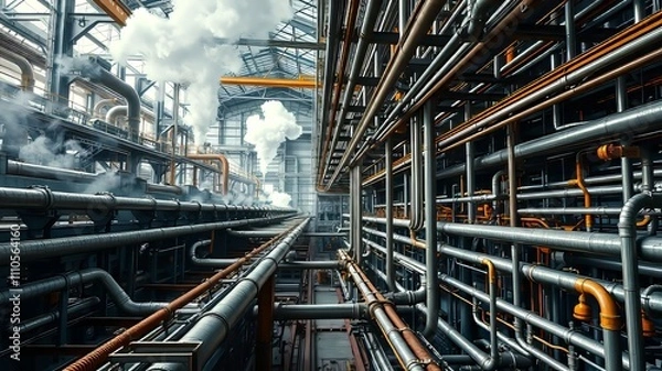 Fototapeta Industrial Pipes Network, Modern Facility, Metal Ducts, Machinery