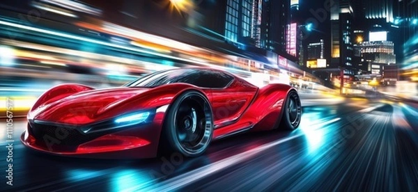 Fototapeta Futuristic red sports car speeding through neon cityscape, dynamic motion blur, urban nightlife, modern architecture, copy space for text