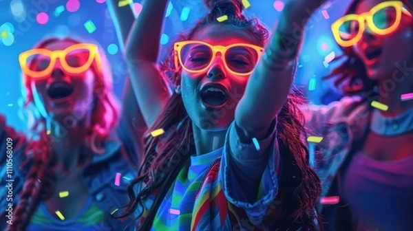 Fototapeta A vibrant party scene with enthusiastic people wearing colorful sunglasses, celebrating under a glowing atmosphere filled with confetti.